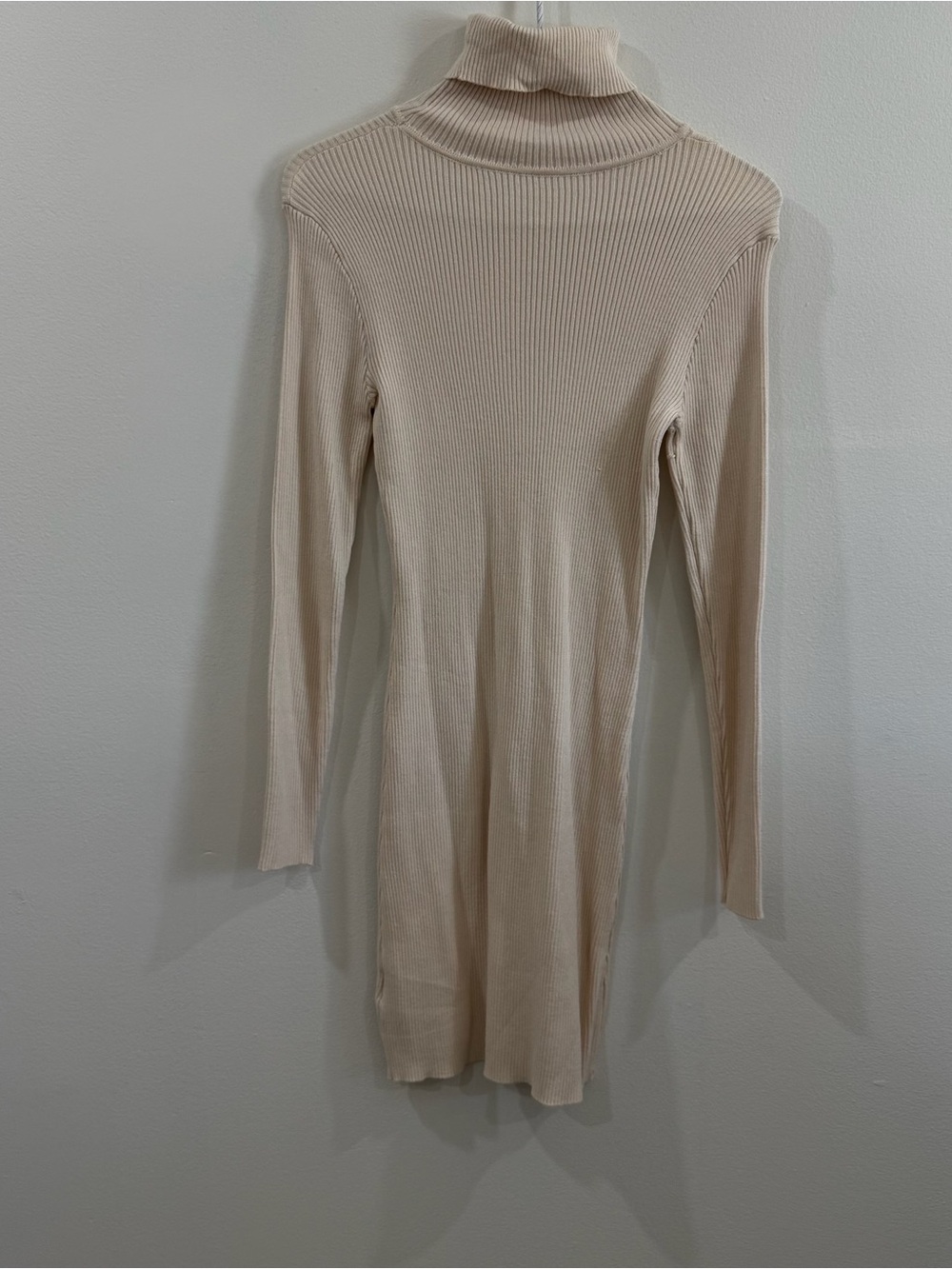 Long Sleeve Ribbed Turtleneck Dress - Beige